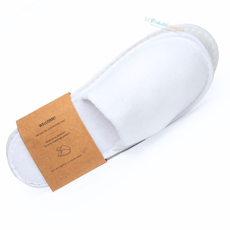 Kapcie Hotelowe Frotte w Eko Opasce 27cm Zakryte Białe Standard