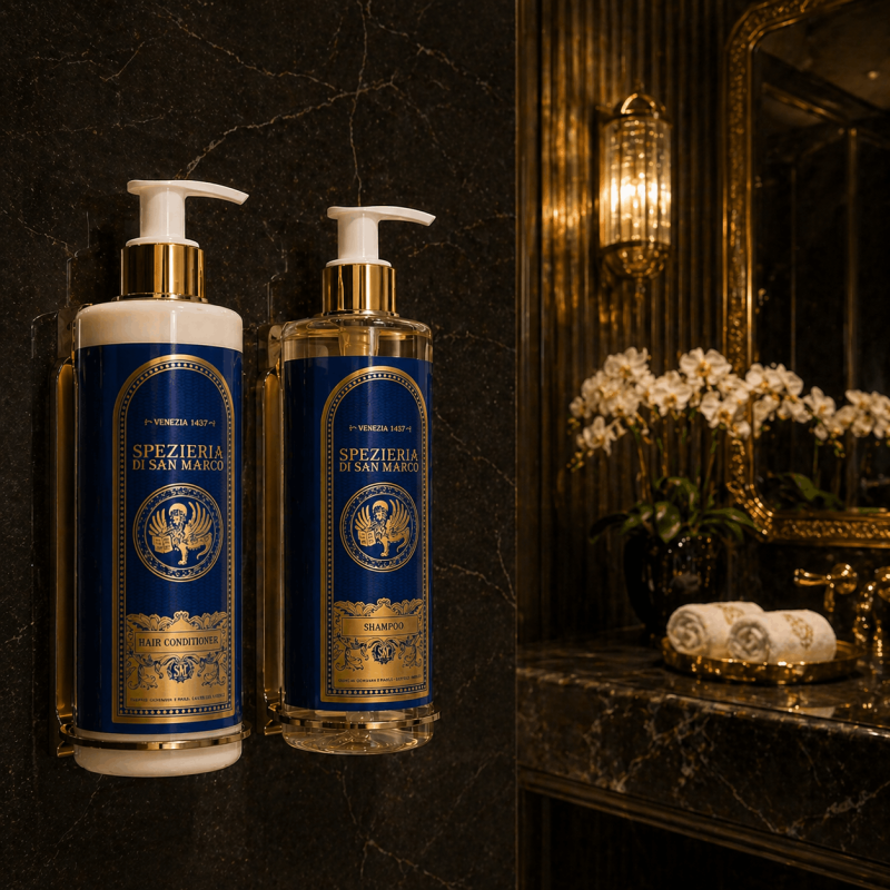 Stalowy uchwyt na kosmetyki hotelowe w dozownikach Argan Source Havana Spezieria di San Marco